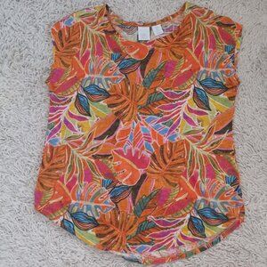C&C California 100% Linen Tropical Print Blouse Womens M Cap Sleeve Colorful